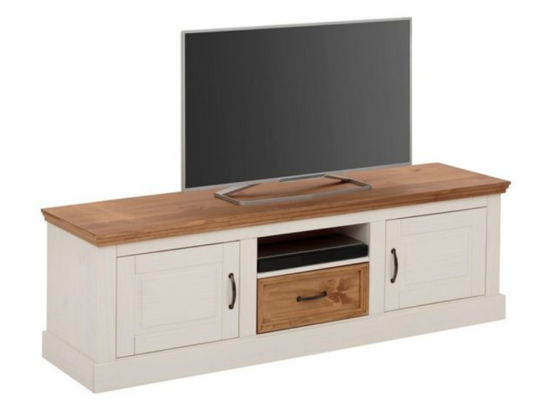 Rack com 1,60 metros com 1 gaveta 2 portas e nicho para sala de Tv na cor branco lavado e cera / Coleção England